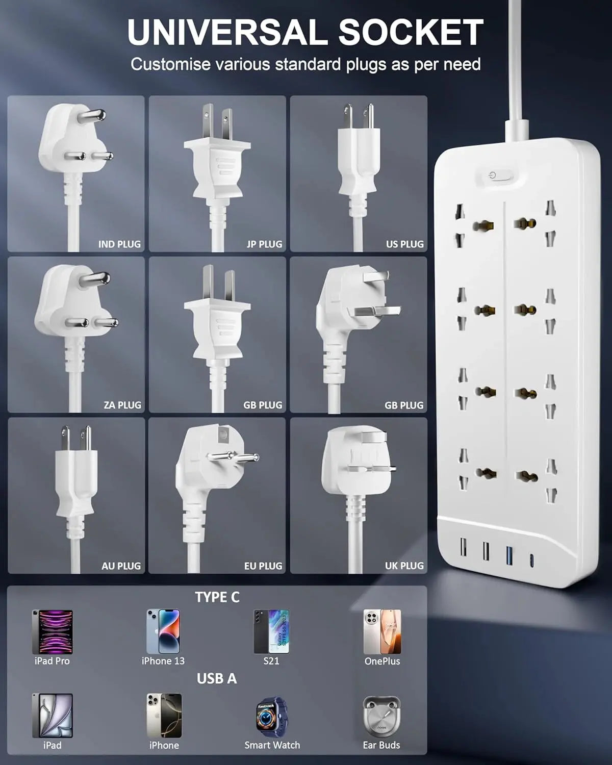 FEDUS Surge Protector, 8 Universal Sockets with USB Port Type A & C, Long Cable, Extension Board Cord, Automatic Overload Protection, Fireproof Power Strip Switch Board, Spike Guard FEDUS