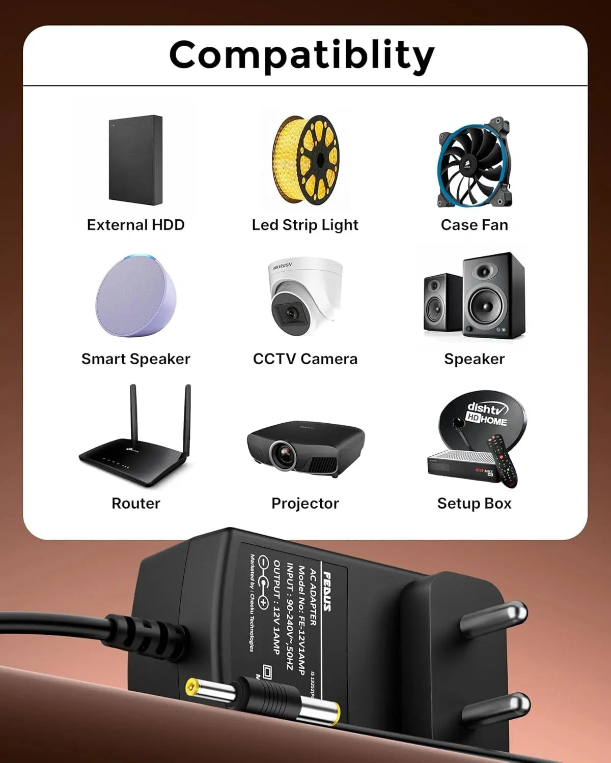 FEDUS 12V 1A DC Power Adapter, Power Supply, SMPS for LCD Monitor, TV, LED Strip, CCTV, 12 Volt 1 Amp Power Adapter, AC Input 100-240V DC Output 12 Volt 1 Amps - 2.5mm x 5.5mm Jack FEDUS