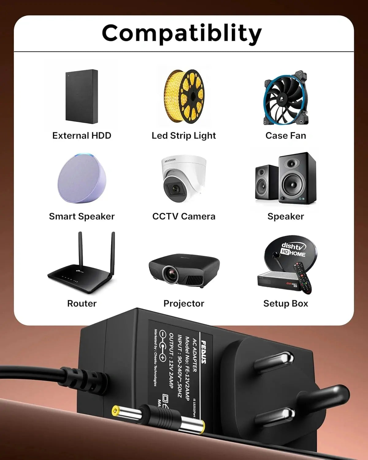FEDUS 12V 2A DC Power Adapter, Power Supply, SMPS for LCD Monitor, TV, LED Strip, CCTV, 12 Volt 2 A Power Adapter, AC Input 100-240V DC Output 12 Volt 2 A - 2.5mm x 5.5mm Jack, Black FEDUS