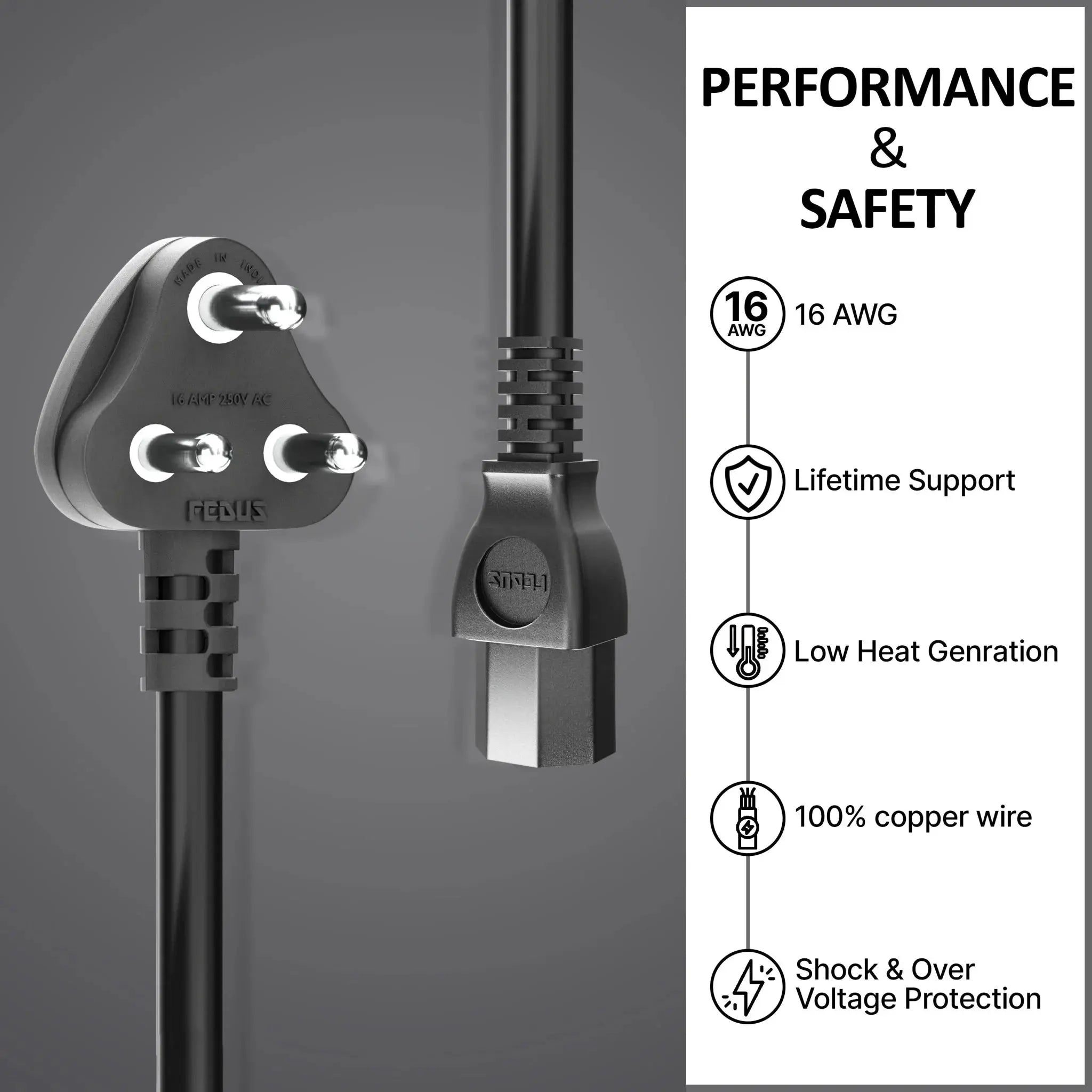 FEDUS 16A 250v Heavy Duty Copper Power Cord 16 Amp Indian Power Plug to IEC 13 Socket, 3 Pin Power Plug Cord FEDUS