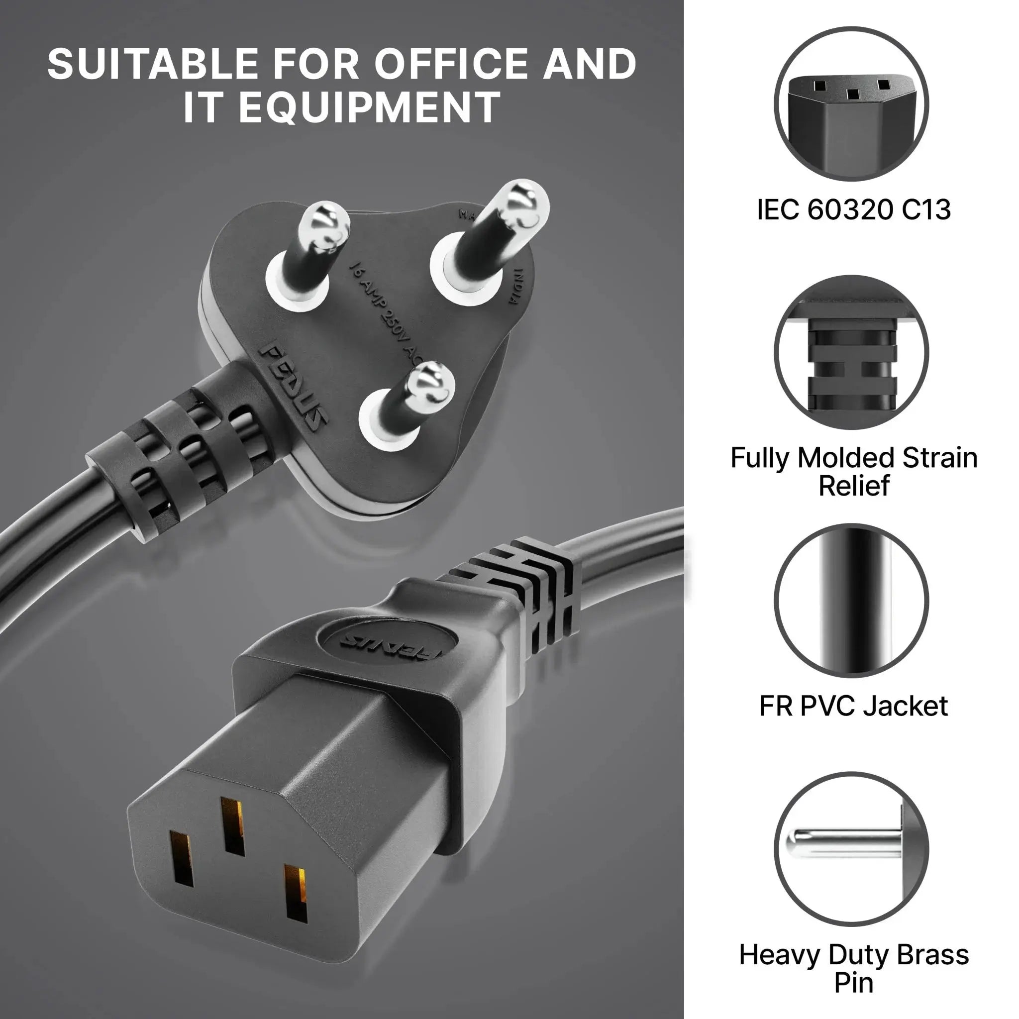 FEDUS 16A 250v Heavy Duty Copper Power Cord 16 Amp Indian Power Plug to IEC 13 Socket, 3 Pin Power Plug Cord FEDUS