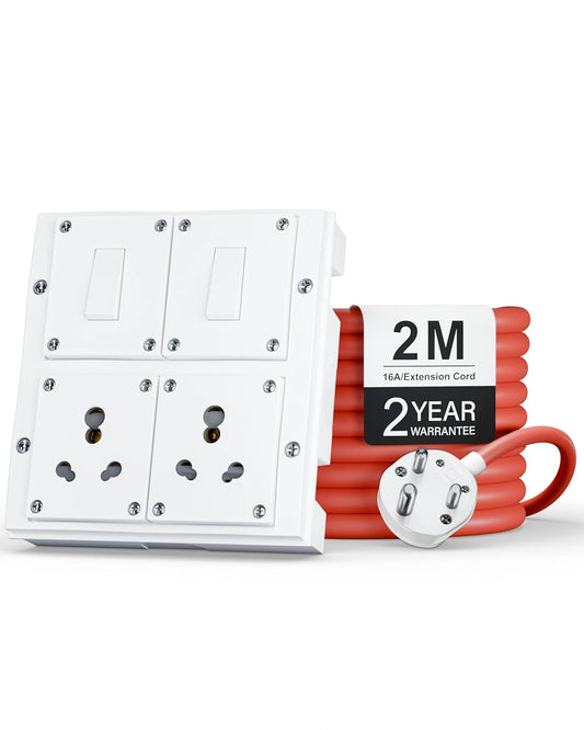 FEDUS 16amp 3000 Watts Heavy Duty High Load Capacity Electric Power Extension Switch Board Cord with 2 Socket 2 Switches,for Oven,EV Charger Charging,Iron Press,Induction Stove, AC