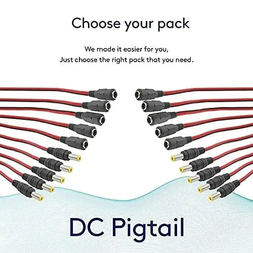 DC pigtail cables with connectors on a white background, labeled 'Choose your pack'.