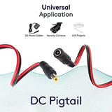 DC Pigtail cable with connectors on a white background, labeled for universal application in DC power cables, security cameras, and LED projects.