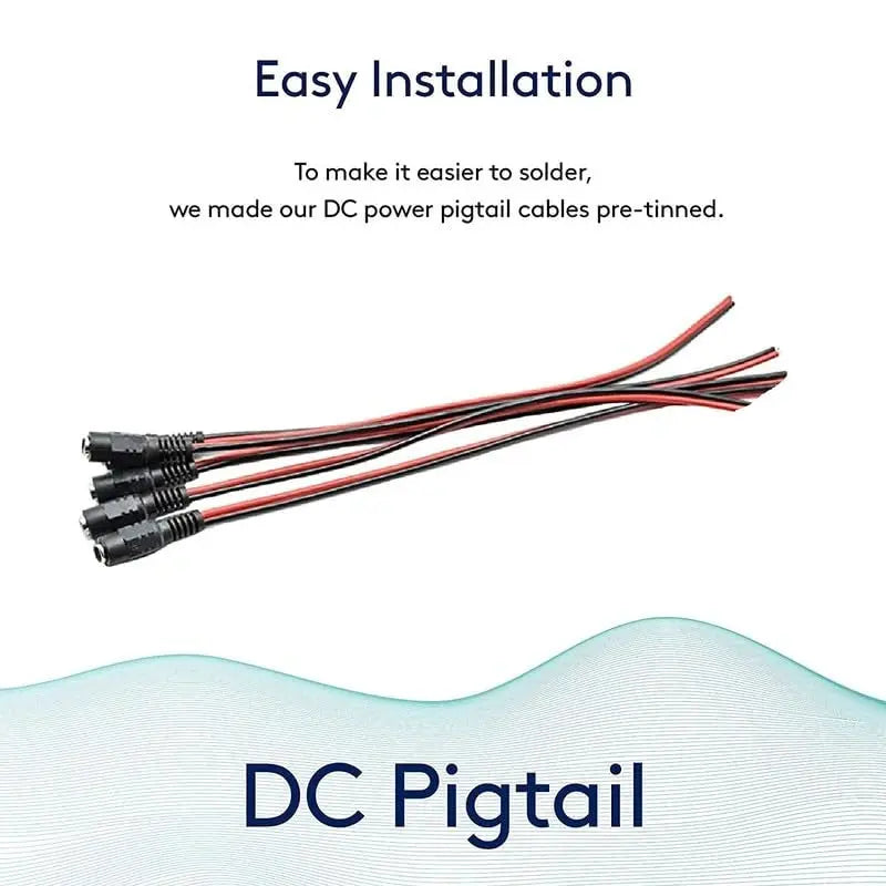 DC power pigtail cables with text on easy installation and pre-tinning.