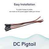 DC power pigtail cables with text on easy installation and pre-tinning.
