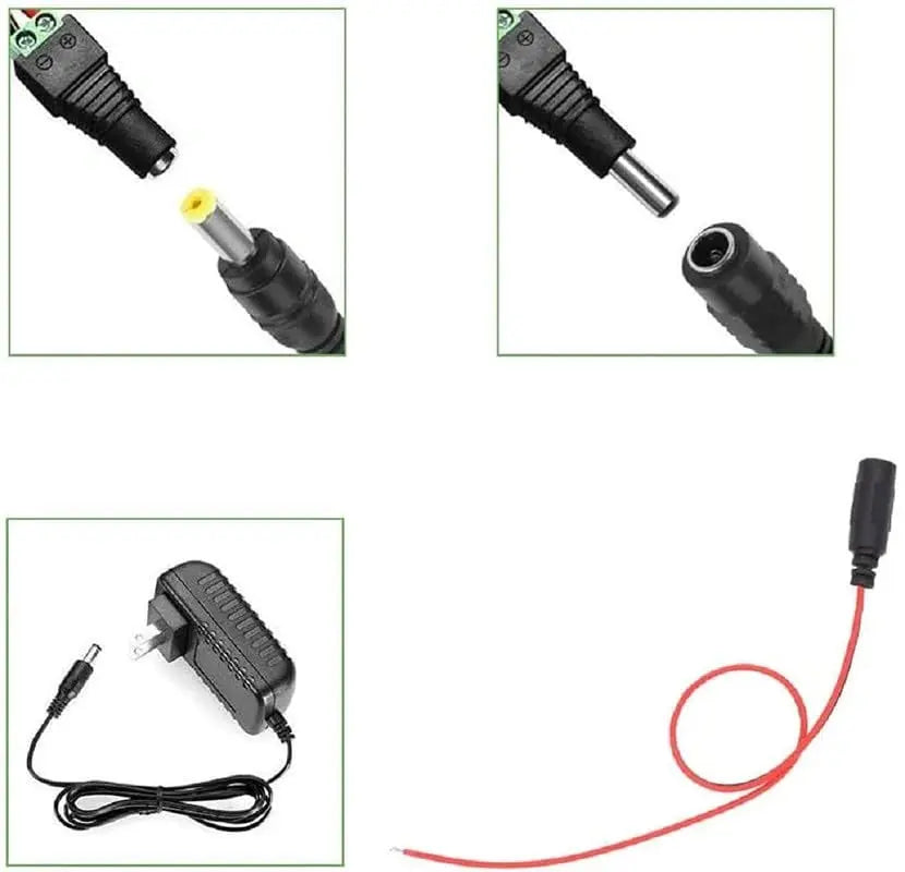 Set of electronic connectors and a power adapter on a white background