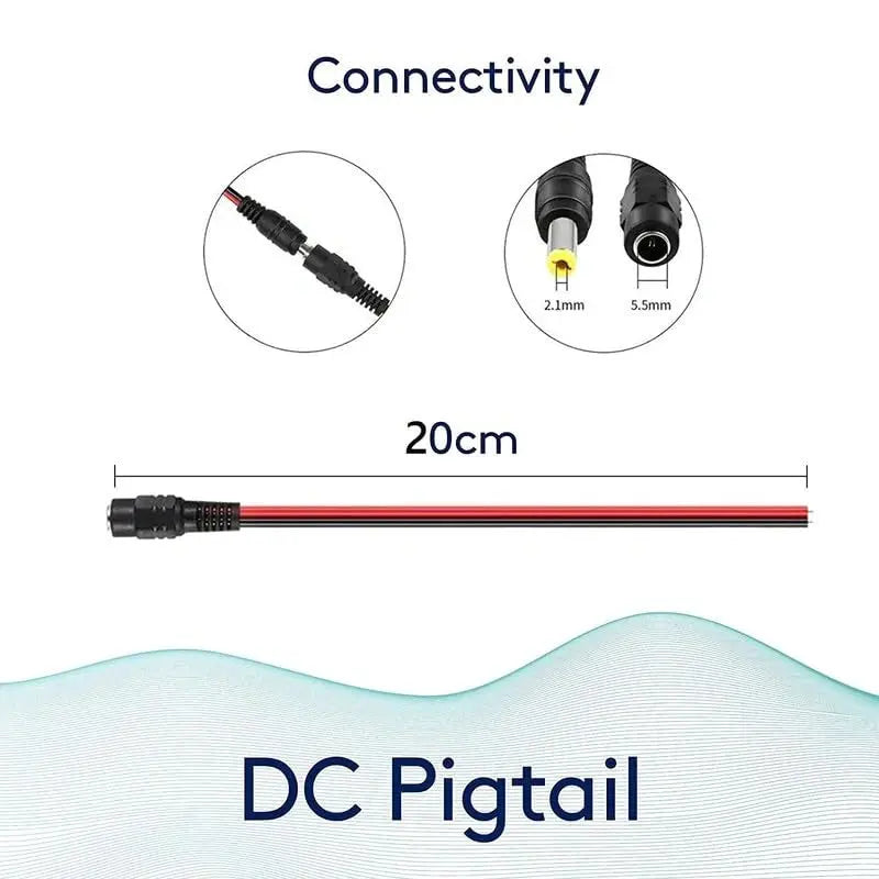 DC pigtail cable with connectors and specifications on a white background