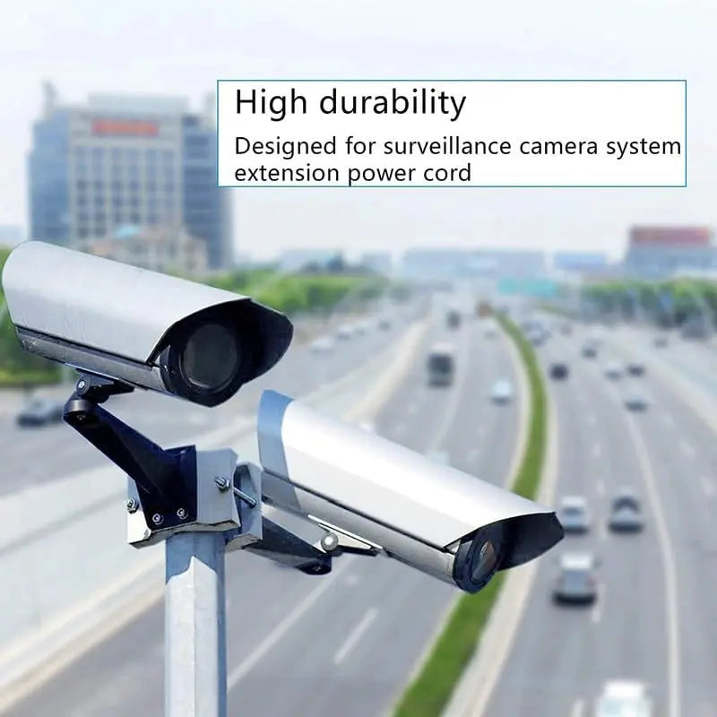 Surveillance camera system extension power cord on a highway with text about durability.