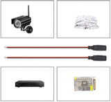 Collection of security camera components including camera, cable, power supply, and LED strip on a white background.