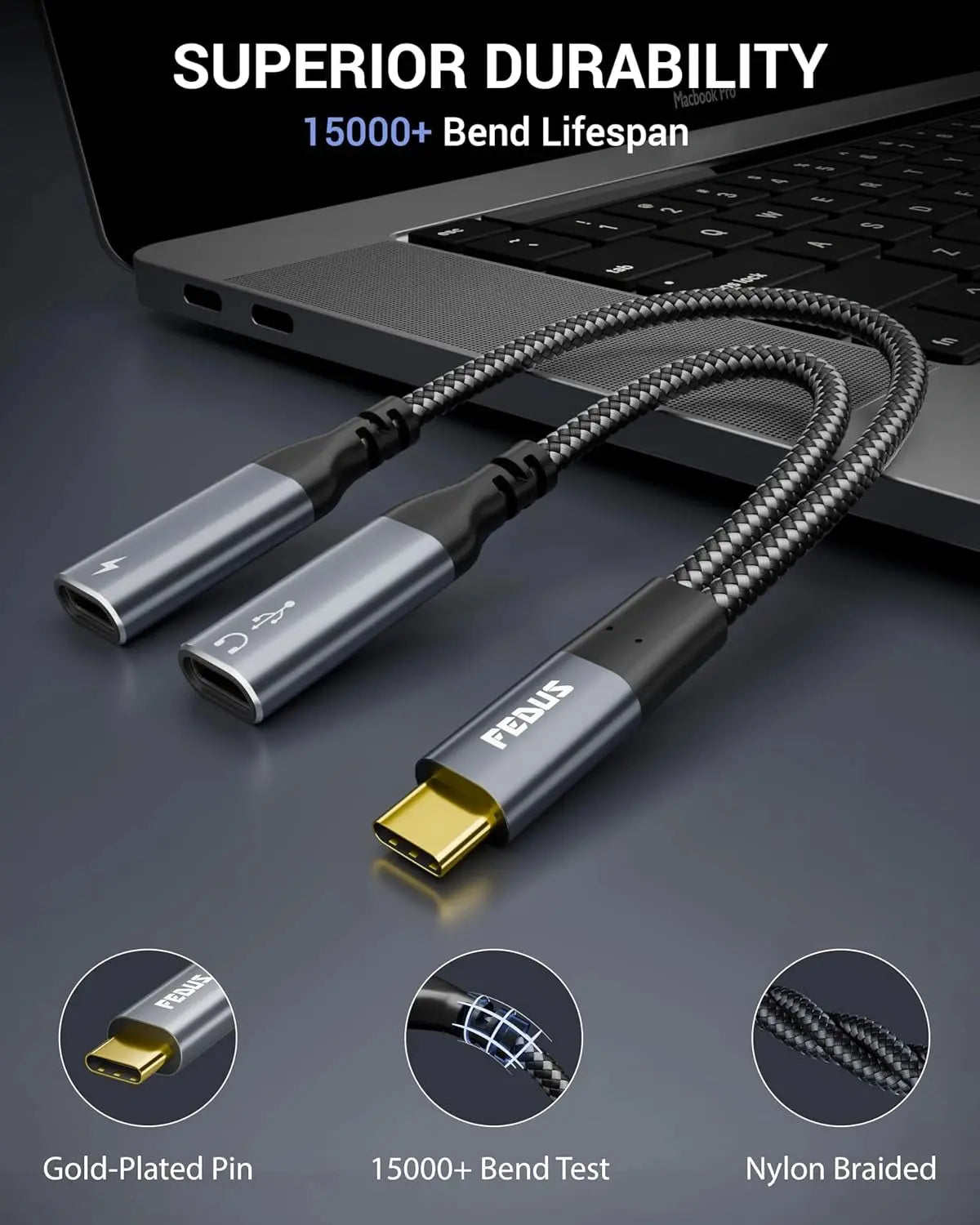 FEDUS 2-in-1 USB C Splitter 1 in 2 Out Dual USB C Headphone and Charger Type C Audio Adapter with PD 60W Fast Charging Dongle Cable for iPhone 16 Pro Max, Galaxy S25, Pixel 9, iPad Pro, Switch 2 FEDUS