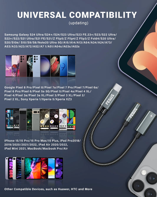 FEDUS 2 in 1 USB Type C to 3.5mm Headphone and Charger Adapter PD 60W Fast Charging USB C to Aux Audio Jack Dongle Cable Cord for Galaxy S23/S22/S21/S24, 60W All Google series, Android Phone, iPhone 15