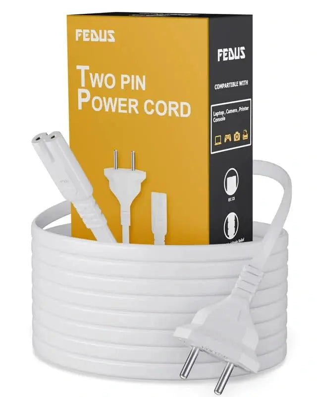FEDUS 2-pin Universal Replacement AC Power Cord Cable Wire for LED TV, Printer, Play Station, Laptop PC Notebook Computer, Tape Recorder, Camera, White FEDUS