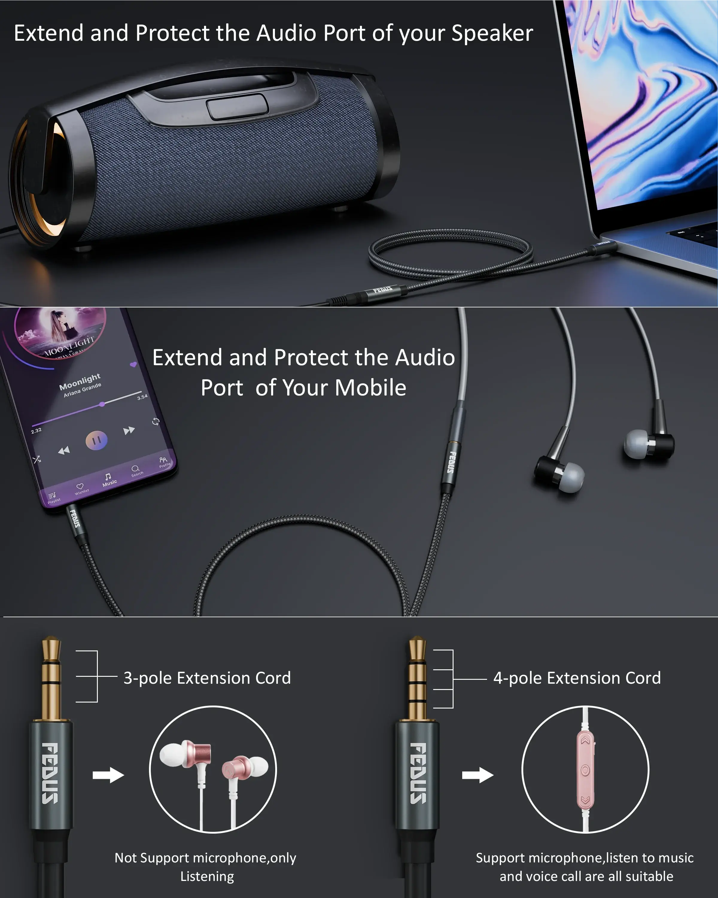 FEDUS 3.5 mm Male to Female Aux Extension Audio Cable with Microphone, Nylon Braided TRRS 4 Pole Stereo Audio Extender Cord Aux Cable for Car, Aux Cable for Speakers, Earphone Headphone, Phone Cheeku Technologies