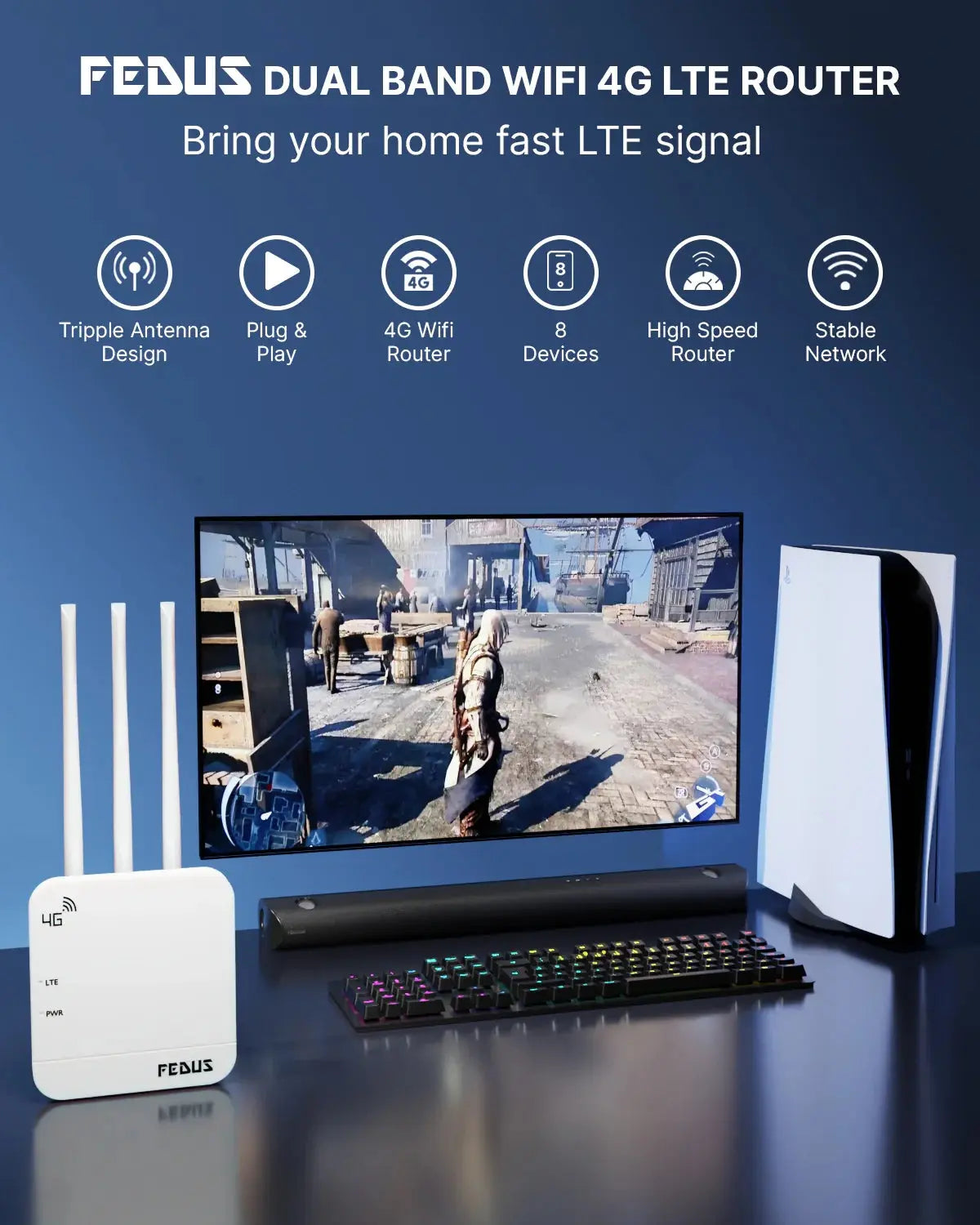 FEDUS 4G Mobile Sim Based Router with 5dbi Triple Antenna 150 Mbps Speed Plug and Play Unlocked Wi-Fi Router with SIM Card Slot No Configuration Required Support All 4G Sim Card, NVR, DVR, WiFi Camera Cheeku Technologies