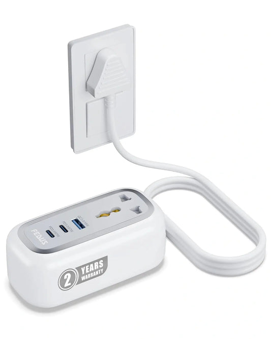 FEDUS 67W GaN Travel Power Adapter Strip Compact Extension Board with USB Ports 4ft Long Retractable Cable Cord, 2 Type C, 1 USB Ports, 2 International Power Sockets, 2500W for Laptop, Home Appliances FEDUS