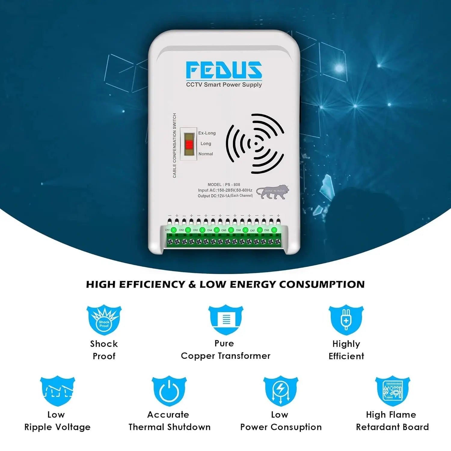 FEDUS 8 Channel SMPS for CCTV, Power Supply Adapter for up to 8 CCTV Security Cameras, CCTV Power Supply SMPS, Power Supply Adapter for Video Surveillance Camera System, CCTV, Dome, Bullet Cameras FEDUS