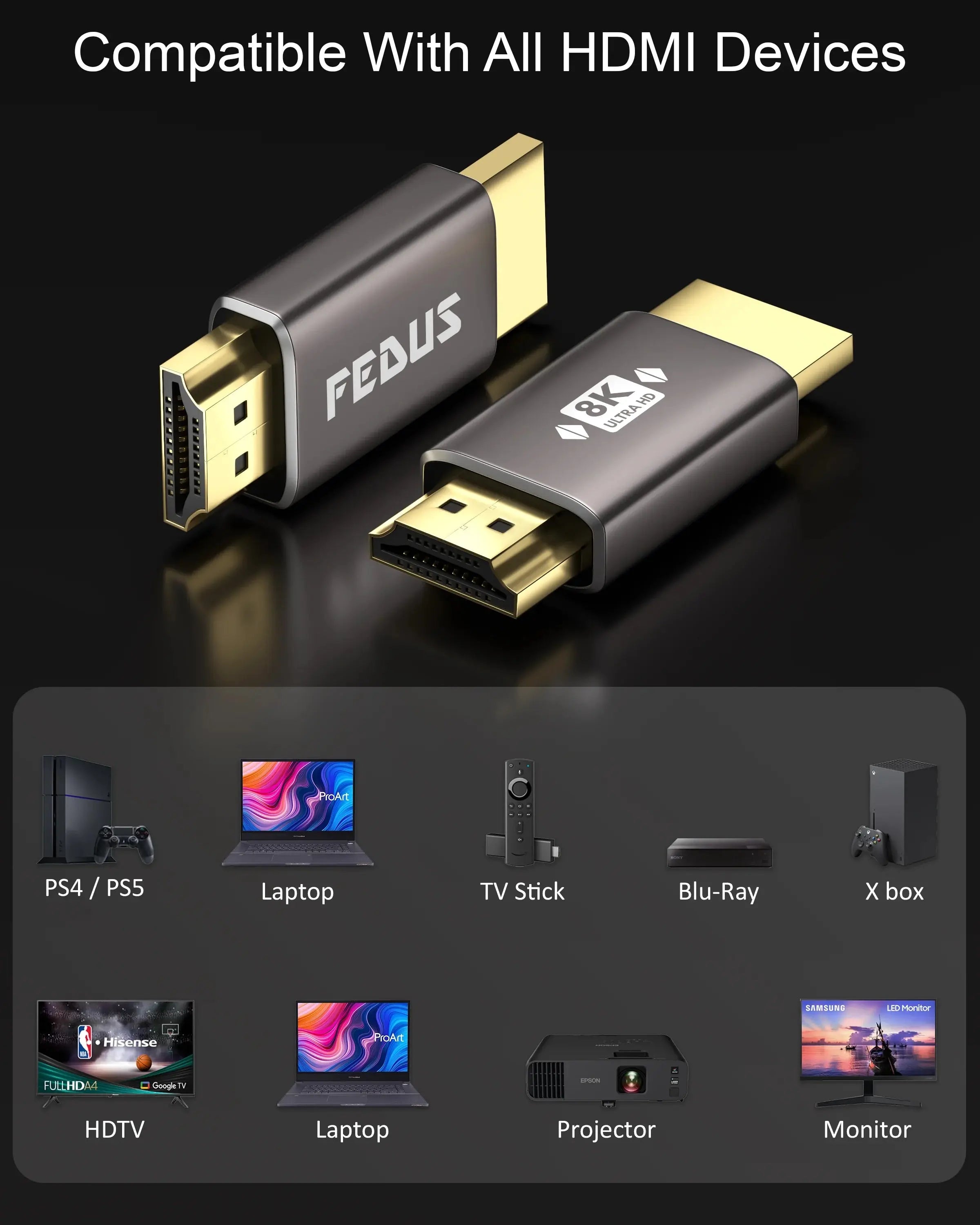FEDUS 8K Ultra HD HDMI male to male connector HDMI Male Coupler Converter, HDMI Extension, HDMI 2.1 Adapter Extender for Led LCD TV Stick, Xbox, PS4 PS5, Supports 3D HDR, eARC, 8K@60Hz 4K@144Hz Cheeku Technologies