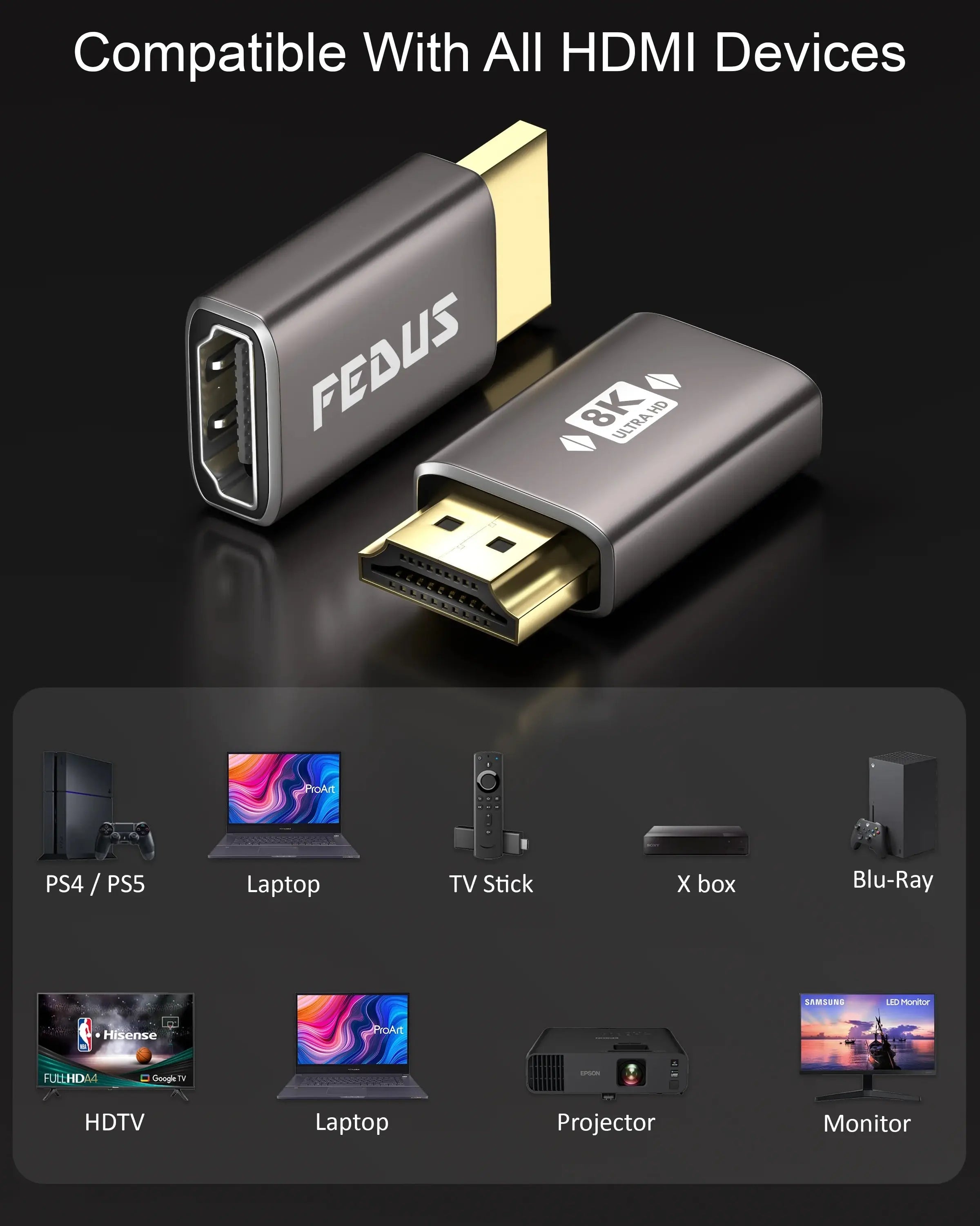 FEDUS 8K Ultra HD HDMI Connector HDMI Male to Female Converter, HDMI Extension, HDMI 2.1 Adapter Extender for TV Led LCD TV Stick, Xbox, PS4 PS5, Supports 3D HDR, eARC, 8K@60Hz 4K@144Hz Cheeku Technologies