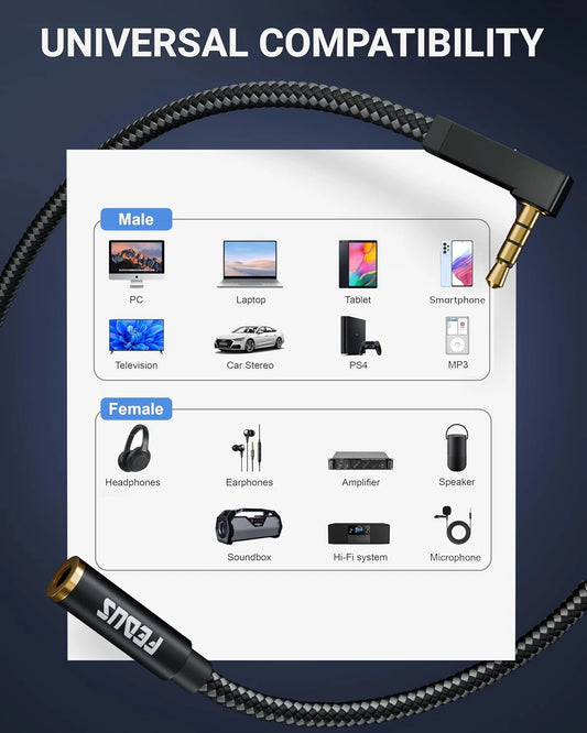 FEDUS 3.2 Feet 90-Degree 3.5 mm Male to Female Aux Extension Audio Cable with Microphone Nylon Braided TRRS 4 Pole Stereo Audio Extender Cord Aux Cable for Car for Speakers, Earphone Headphone, Phone