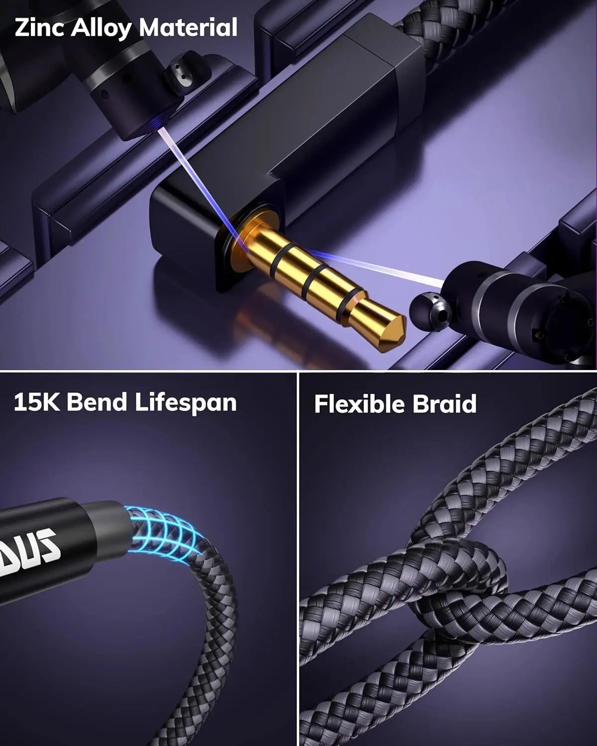 FEDUS 90 Degree 3.5 mm Male to Female Aux Extension Audio Cable with Microphone Nylon Braided TRRS 4 Pole Stereo Audio Extender Cord Aux Cable for Car for Speakers, Earphone Headphone, Phone FEDUS