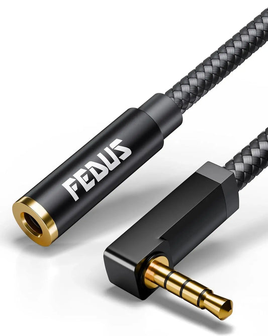 FEDUS 90 Degree 3.5 mm Male to Female Aux Extension Audio Cable with Microphone Nylon Braided TRRS 4 Pole Stereo Audio Extender Cord Aux Cable for Car for Speakers, Earphone Headphone, Phone FEDUS