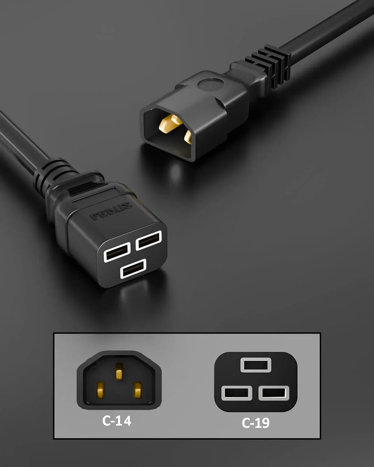 FEDUS AC Power Cord 3 Prong C14 Male to C19 Female 9.8Ft 250V 16A Heavy Duty PDU Power Extension Cable for Computer Printer Monitor Servers/Routers/Network Switches/Blade Server Enclosures/Data Rack FEDUS