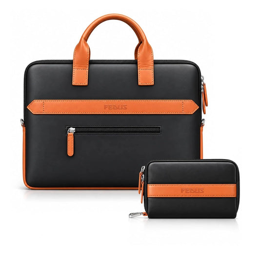 FEDUS Aurum Onyx Black Laptop Bag Vegan Leather Handbag Crossbody Messenger Bag Slim Vintage Professional Business Briefcase Water Resistant Multiple Compartment Organisers & Accessories Pocket FEDUS