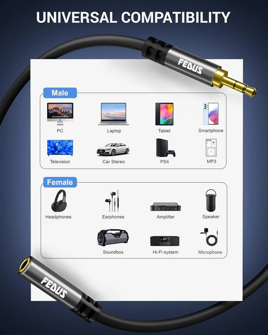 FEDUS Aux Cable for Speakers, Aux Extension Cable, 3.5 mm Male to Female Audio Cable (1 Meter 3.2 Feet) TRS 3 Pole Stereo Audio Extender Cord Aux Cable for Car, Earphone, Headphone, Phone, Tablet