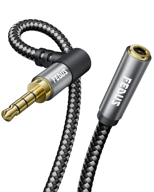FEDUS Bass-X 3.5mm Male to Female Audio Extension Cable with Mic Support, 90 Degree L-Shape TRRS 4 Pole Conductor Stereo Aux Cord, Extender for Laptop, Phone, Car, Gaming, Speakers, Headphone FEDUS