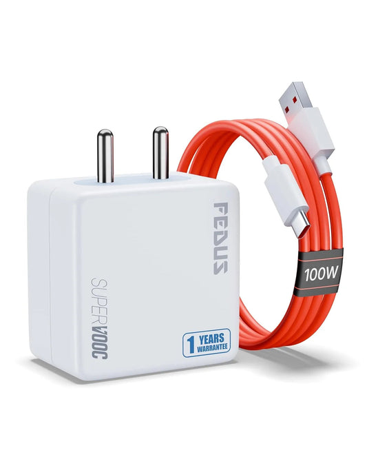 FEDUS Bolt PRO 100W SuperVOOC Charger with USB-A to Type C Cable | Ultra Fast Wall Adapter for OnePlus 12/12R/11/Nord 4, Oppo Reno 12, Realme GT 6 | Smart IC Mobile Power Brick | 1 Year Warrantee FEDUS