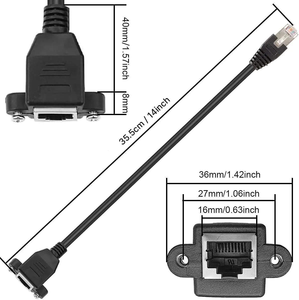 FEDUS Cat 6 Ethernet Network LAN Cable RJ45 Male to Female Shielded ethernet Network Connector Screw Panel Mount Extension Cable for Router, Modem Support Cat 5e/Cat6, 14 inch FEDUS