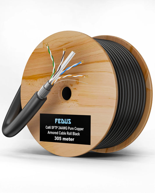 FEDUS Cat6 SFTP 24AWG Pure Copper Twisted Pair Armored Cable Roll Black