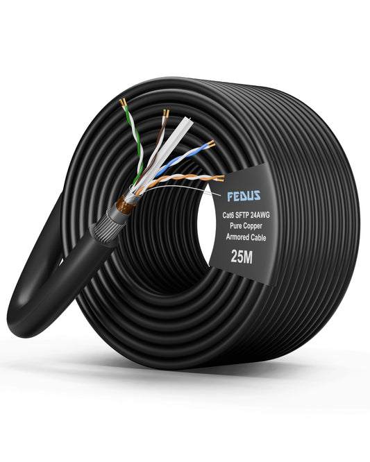Coiled cable with a label on a white background