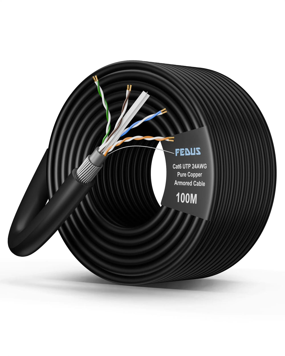 FEDUS Cat6 UTP 24AWG Pure Copper Twisted Pair Armored Cable Roll Black FEDUS