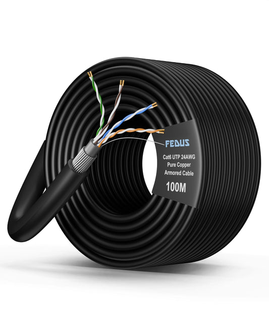 FEDUS Cat6 UTP 24AWG Pure Copper Twisted Pair Armored Cable Roll Black