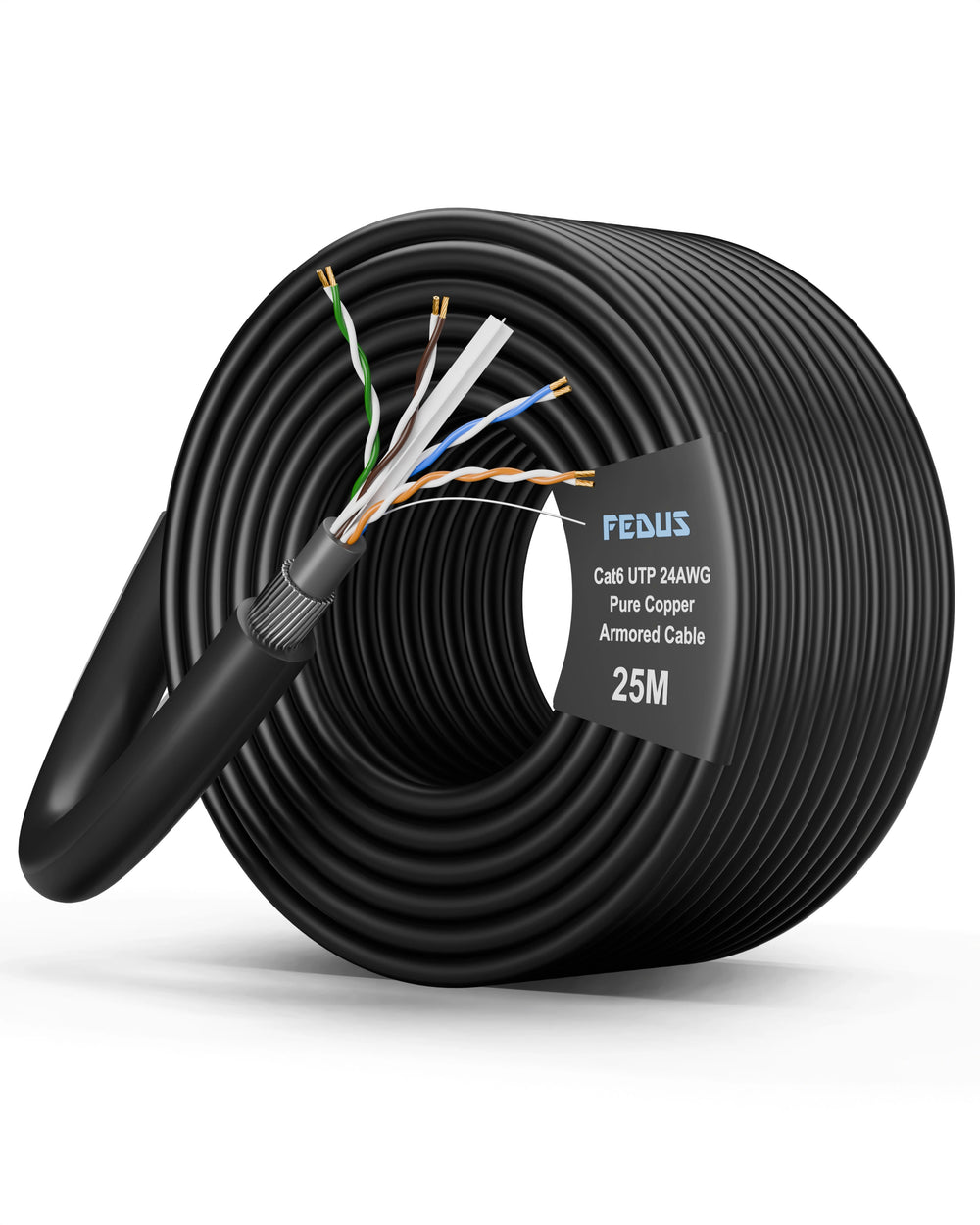Coiled cable with a label indicating 'FEDUS' and '25M' on a white background