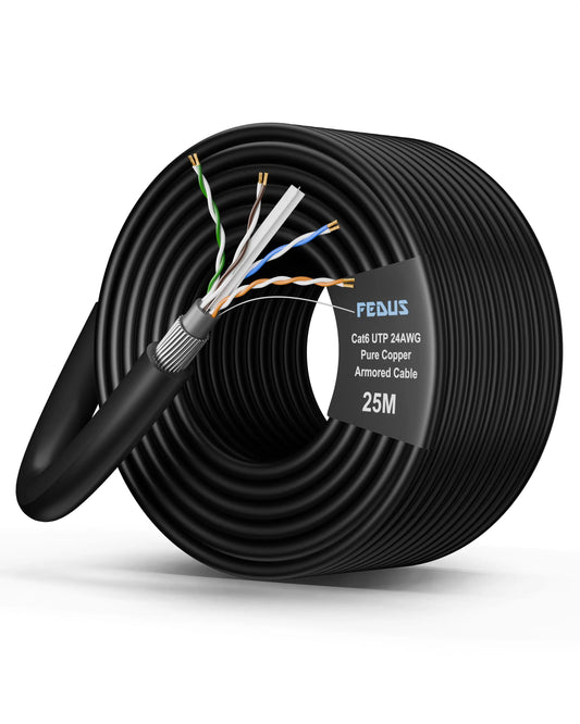 FEDUS Cat6 UTP 24AWG Pure Copper Twisted Pair Armored Cable Roll Black FEDUS