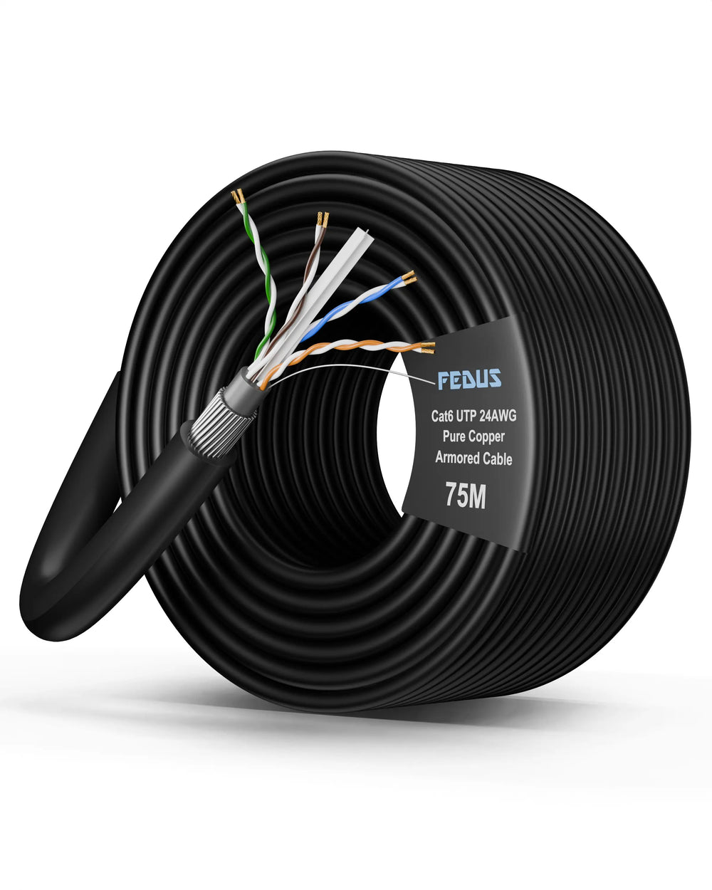 FEDUS Cat6 UTP 24AWG Pure Copper Twisted Pair Armored Cable Roll Black FEDUS