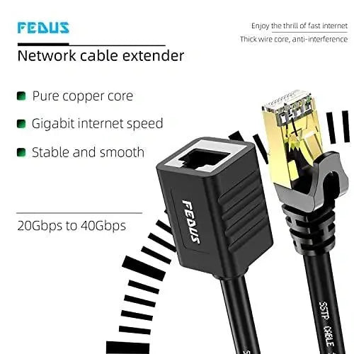 Cat8 Ethernet Extension Cable – RJ45 Male to Female, Shielded SFTP, 40Gbps 2000MHz FEDUS