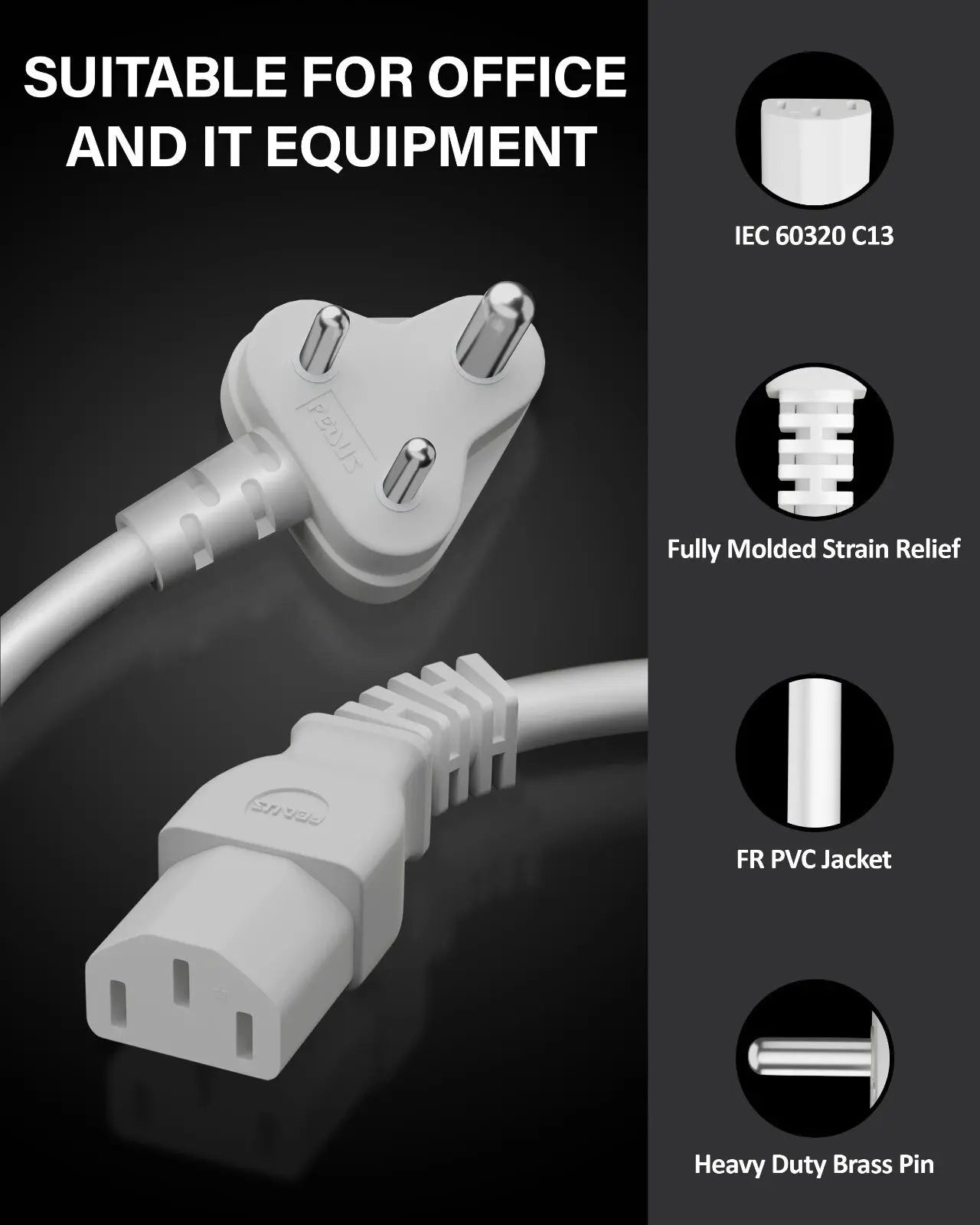 Computer Power Cable Cord – IEC Mains, for PC/Desktop/Monitor/Printer (Black/White) Cheeku Technologies