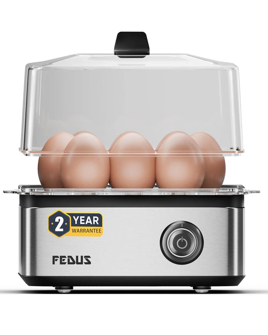 FEDUS EGGLINE Automatic Egg Boiler maker Electric Multi-Function Poacher 8 Eggs Cooker Steamer machine for Hard Medium, Soft Eggs SS Heating Plate, Auto Shut-Off Fast boiling Boils Steamed Vegetables