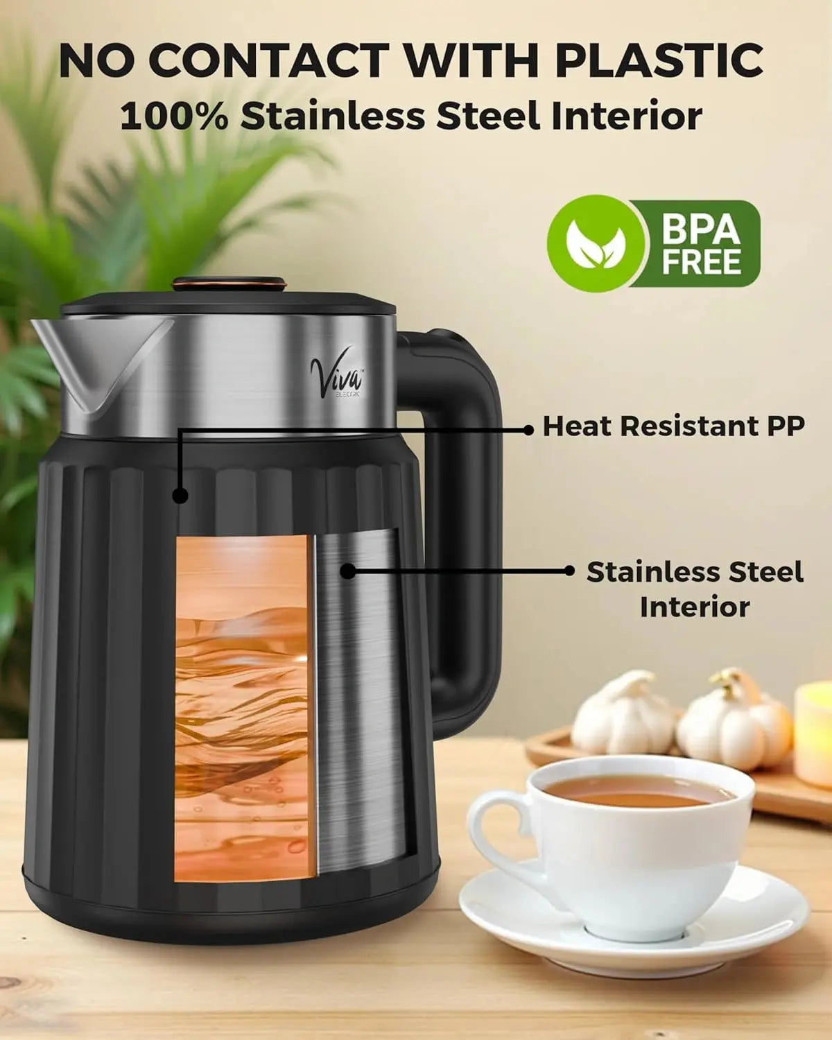 FEDUS Aqua Viva Electric Kettle, 1.8 Litres hot water kettle Jug, 1500W Stainless Steel Body, Power Indicator, Automatic Cut-off used for boiling Water, making tea and coffee, instant noodles, soup, etc. (Black) FEDUS