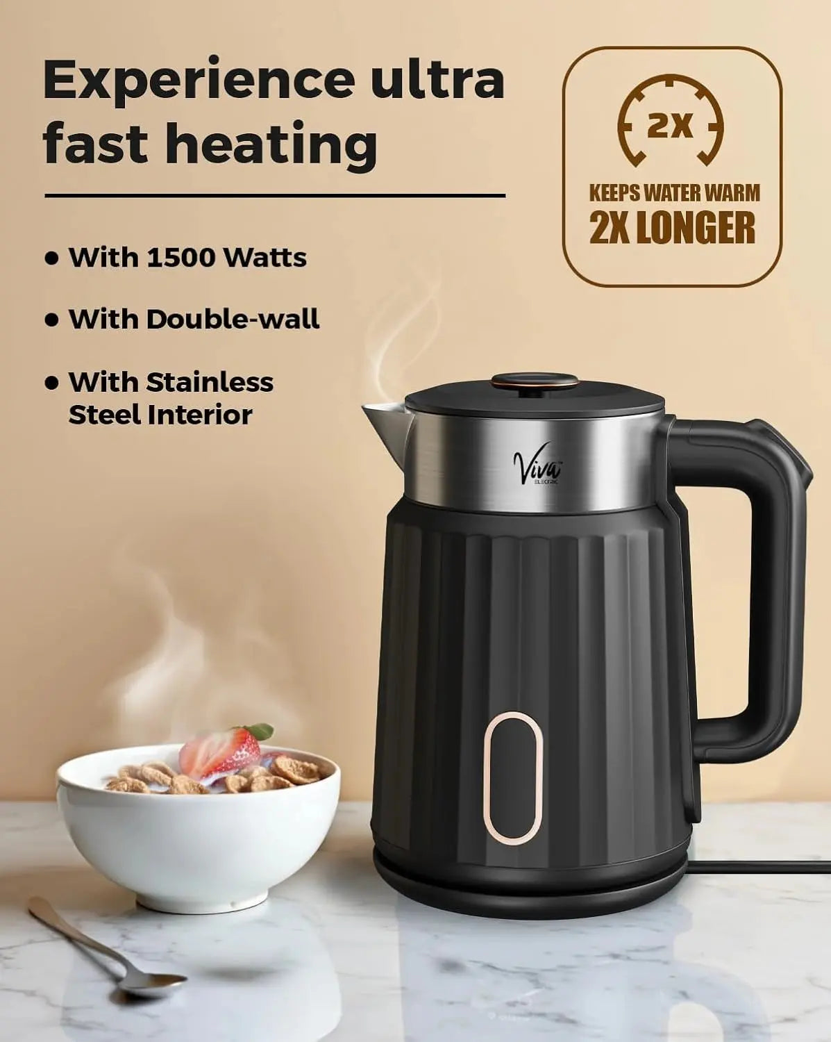 FEDUS Aqua Viva Electric Kettle, 1.8 Litres hot water kettle Jug, 1500W Stainless Steel Body, Power Indicator, Automatic Cut-off used for boiling Water, making tea and coffee, instant noodles, soup, etc. (Black) FEDUS