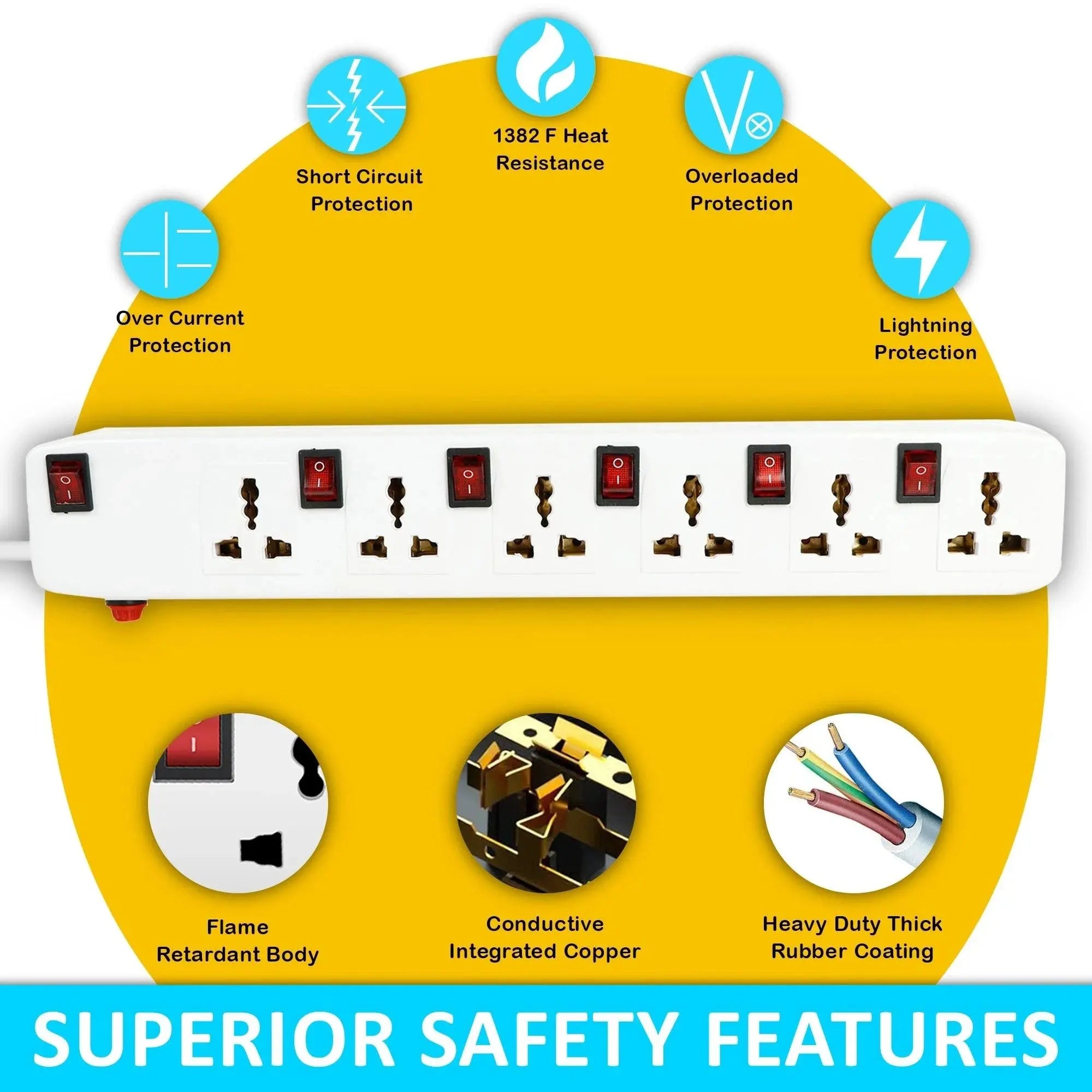 FEDUS extension-cords, Long Extension Board Extension Box | Spike Guard 6 Socket 6 Switch Junction Box with Switch, Extension Cords Cord, Spike Buster, Extension Board FEDUS