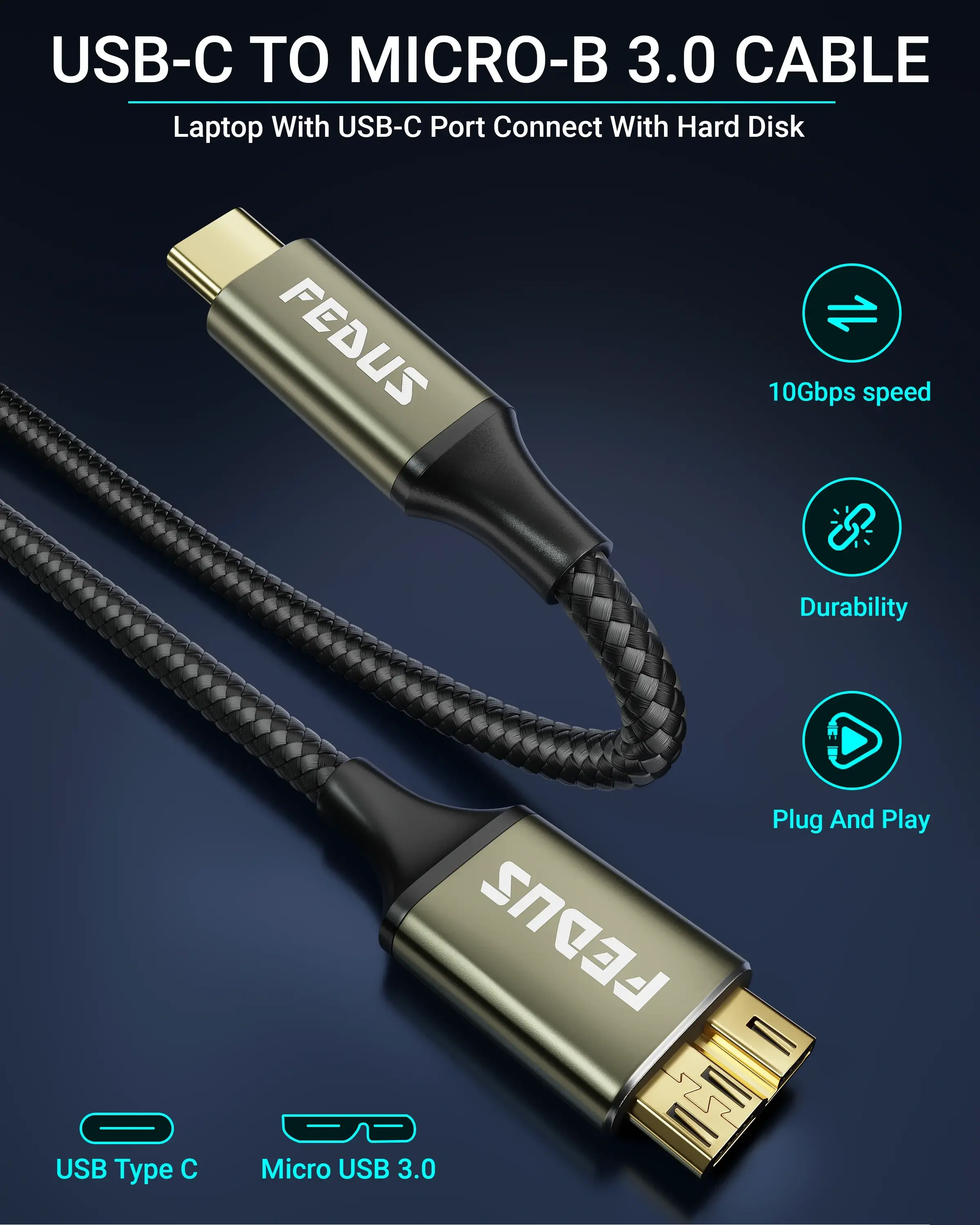 FEDUS Hard Drive Cable Hard disk Connector USB 3.1 A to Micro B Nylon External Hard Disk Compatible with Portable External Hard Drives, WD Elements, Seagate, Toshiba, Samsung M3 1TB/Galaxy S5/Note3 Cheeku Technologies