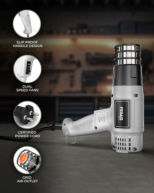 FEDUS Heat Gun Hot Air Gun Temperature Machine 1800W 5 Nozzles Included, 2 Temp Settings Great for industrial use & Crafts, Removing & Drying Paint, Shrink Tubing/Wrapping Packing, Bend Pipes, Epoxy Resin, Grey