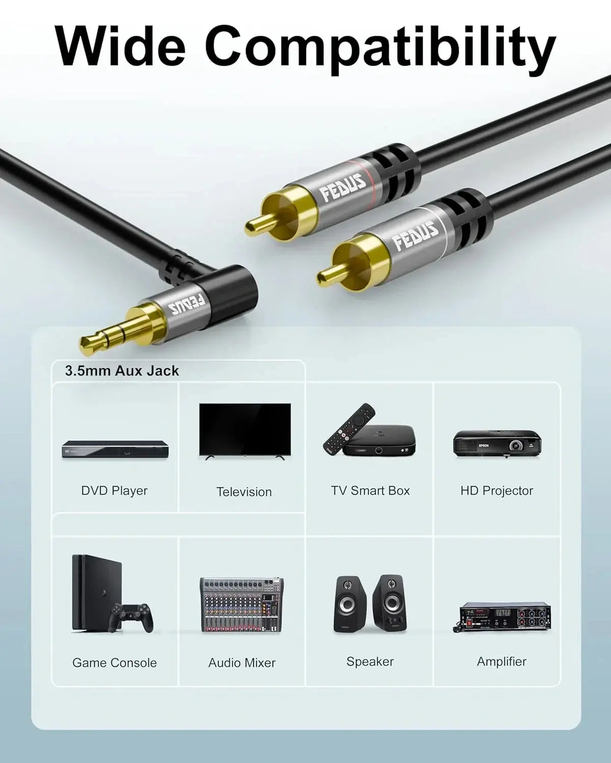 FEDUS L-Shape Aux to RCA Cable RCA to 3.5mm Cable Double Shielded Oxygen-Free Copper RCA to 3.5 mm male 3.5mm to RCA Cable, RCA to Aux Cable, RCA to RCA cable for Smartphones, MP3, Tablets, Speakers FEDUS