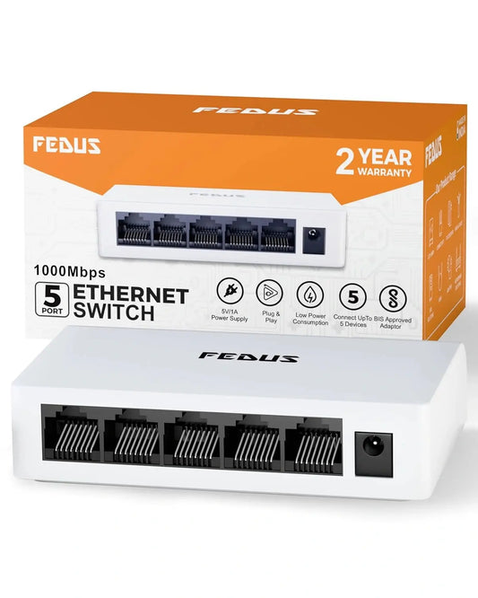 FEDUS NEXTPORT-5000 5-Port Gigabit Ethernet Switch 1000Mbps Plug & Play Unmanaged LAN Splitter Hub for PC Smart TV Router Gaming CCTV and NAS.