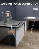 Laptop on a desk with a cable running to an extension device, emphasizing long-distance connection stability.